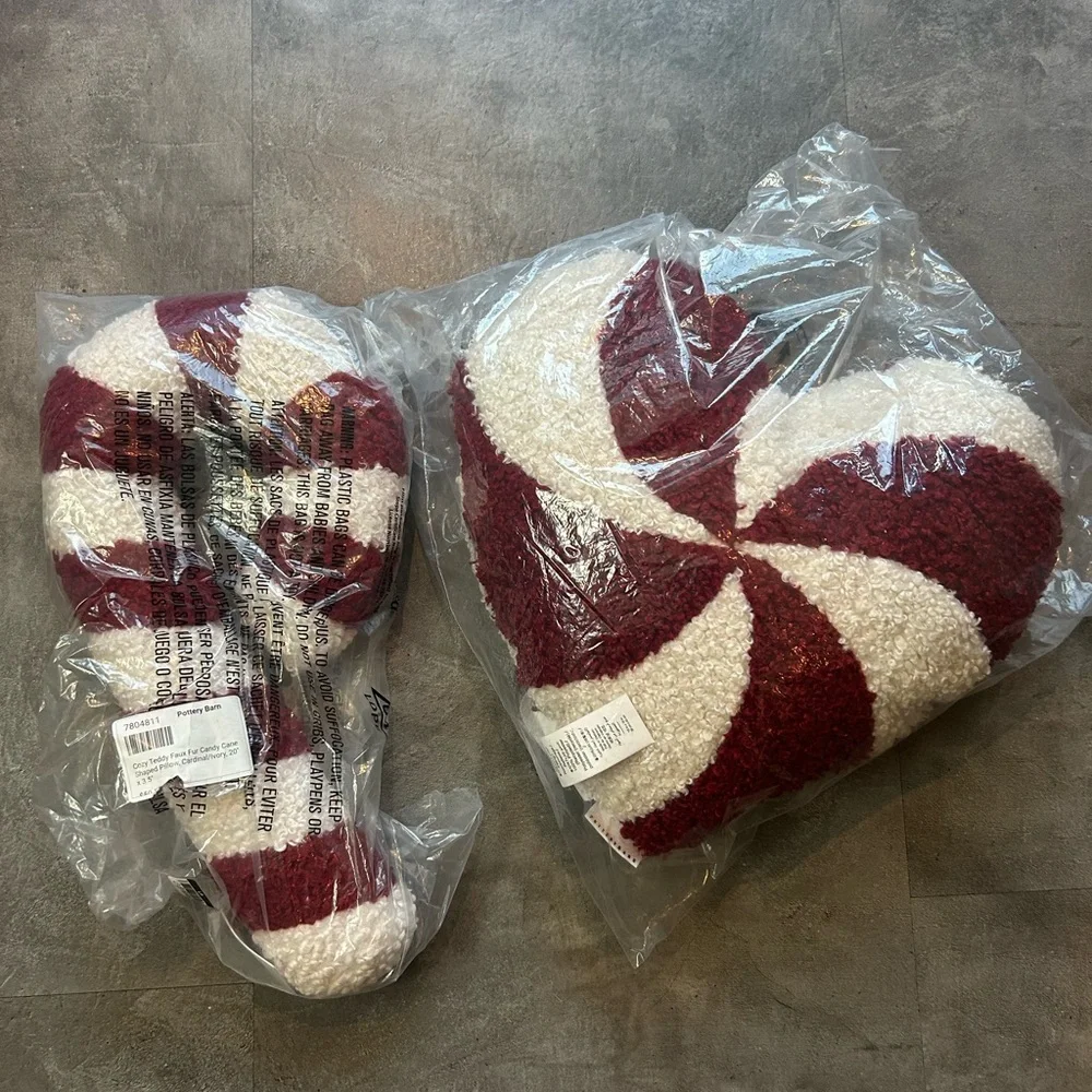 Bundle 2 Pottery Barn Cozy Teddy Faux Fur Candy Cane Heart Shaped Pillows